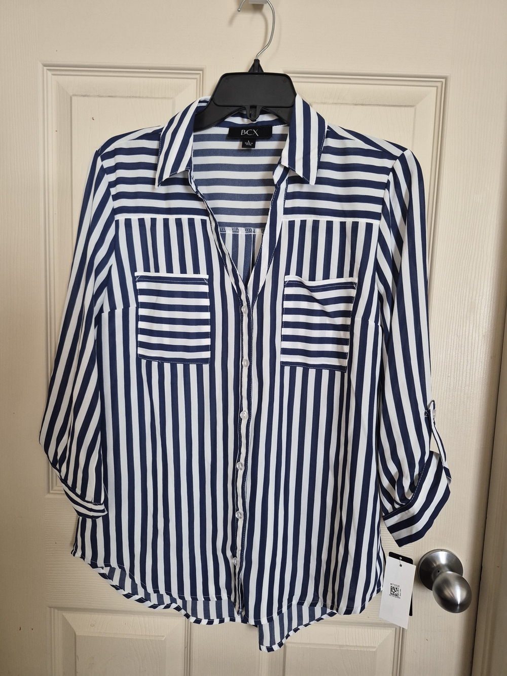 Size L BCX Navy & White Vertical Stripe Button-Down Shirt